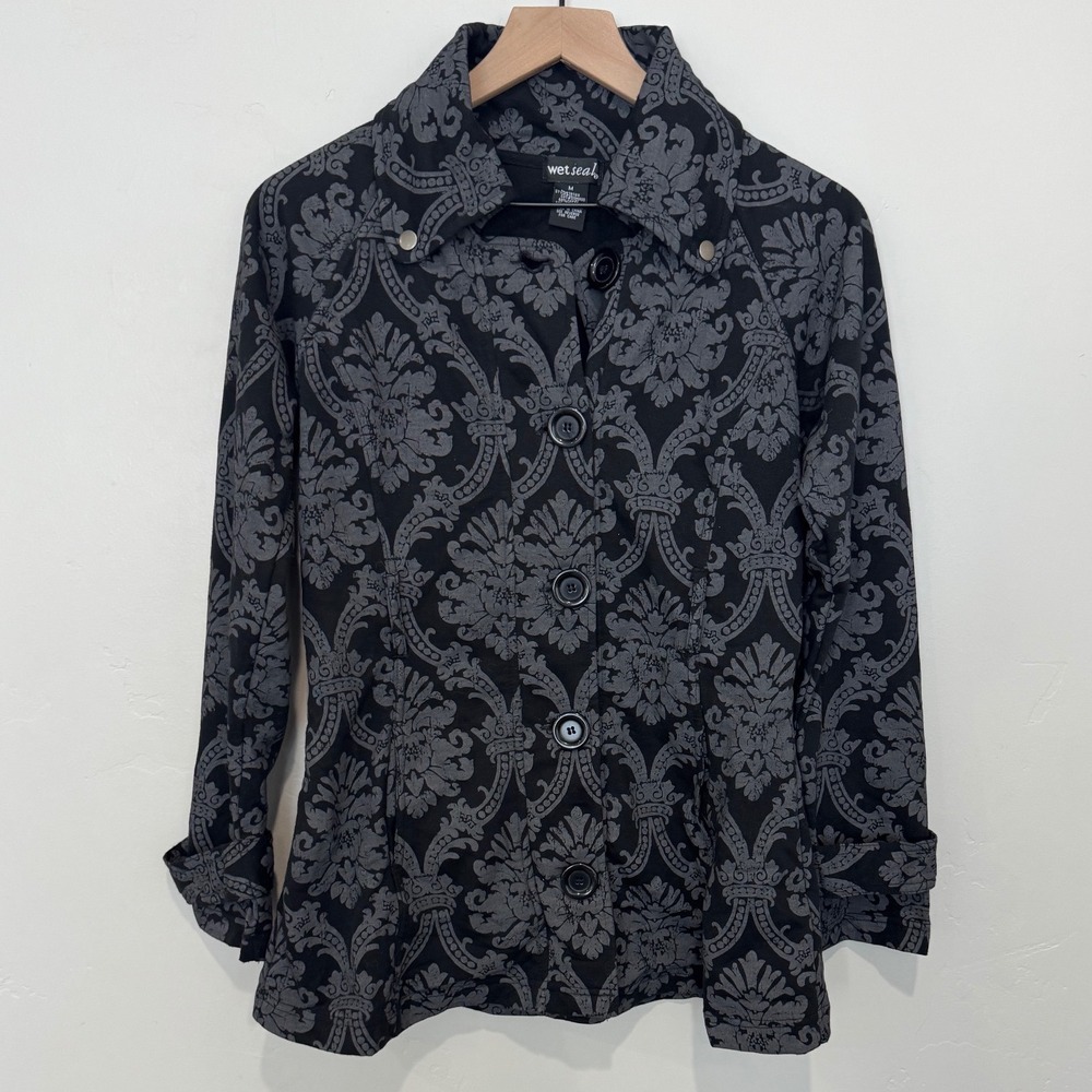 Wet Seal Vintage Y2K Damask Print Trench Coat Jacket Grey Black M 2010s